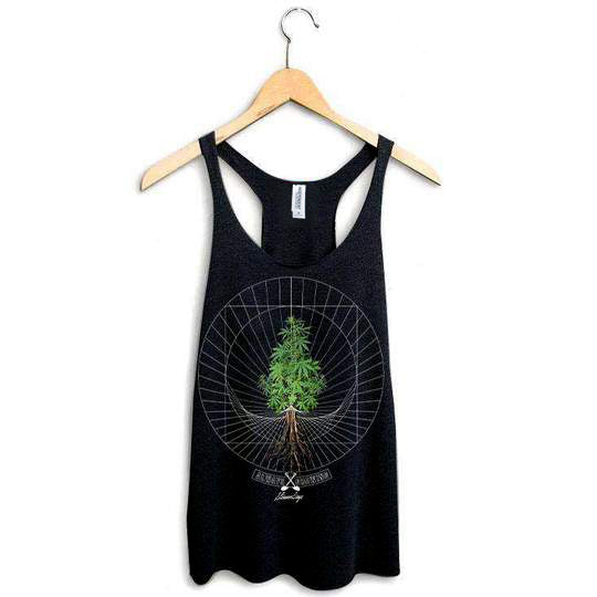 StonerDays Always Growing Racerback tank top, black, sizes S-2XL, front view on hanger