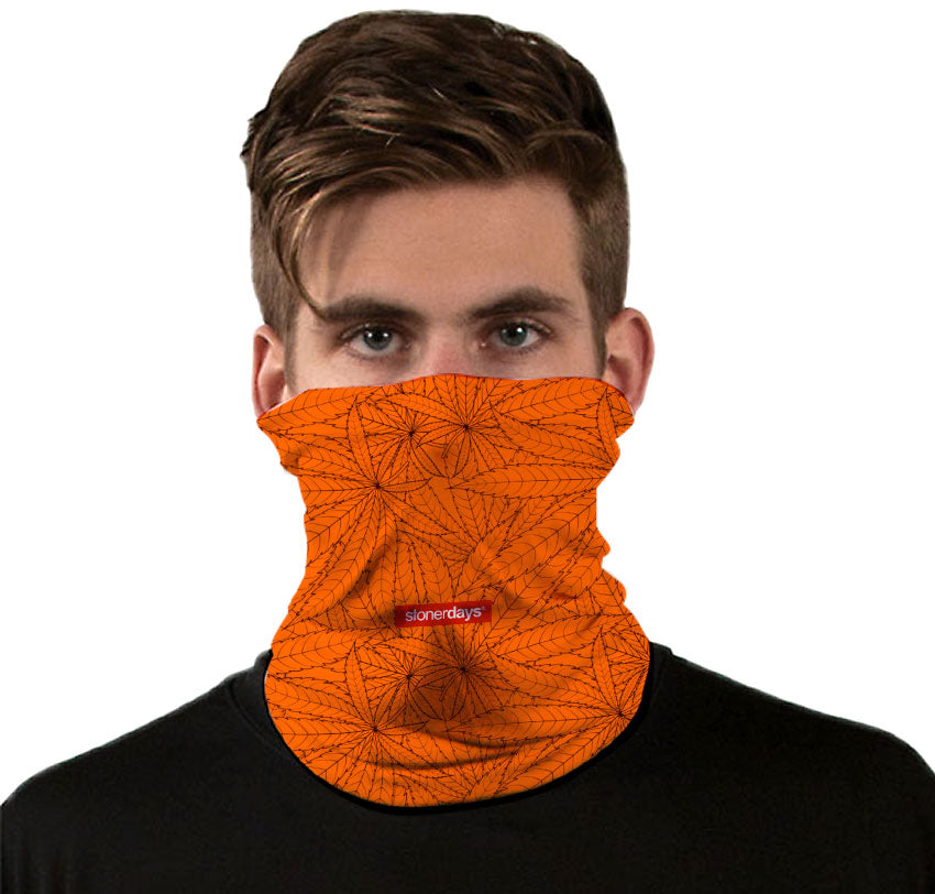 StonerDays Autumn Leaves Neck Gaiter in orange polyester, front view on model