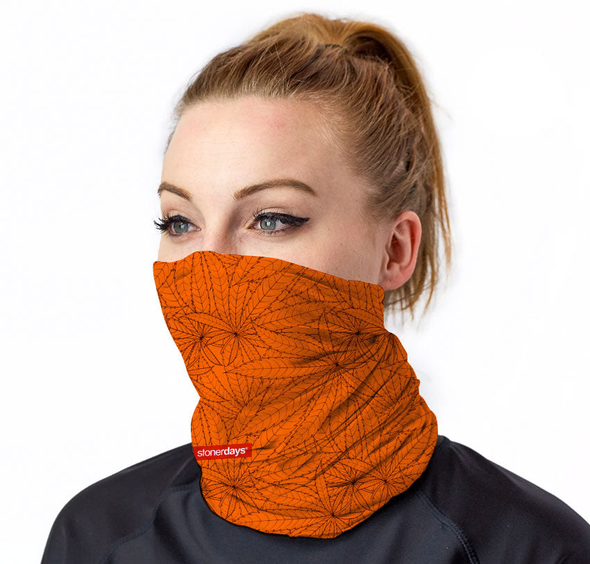 StonerDays Autumn Leaves Neck Gaiter in Orange Polyester, Front View on Model