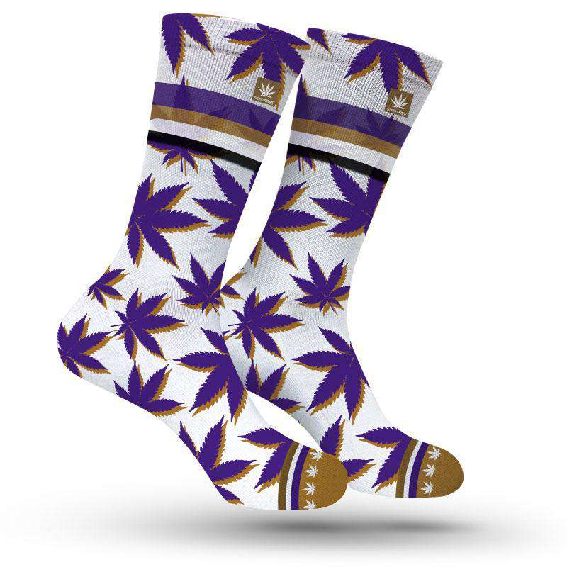 StonerDays Baltimore Marijuana Socks in gold and purple, one size fits all, front view on white background