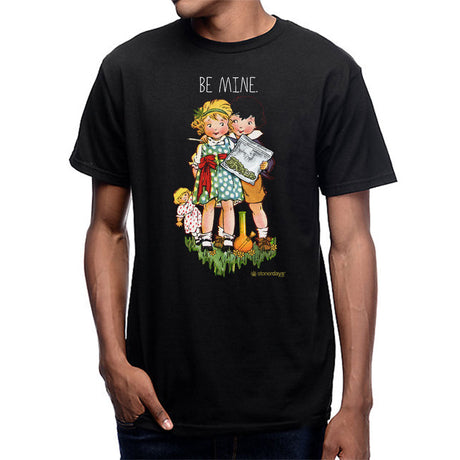 StonerDays Be Mine Tee in black, front view, featuring a cartoon couple and 'BE MINE' text