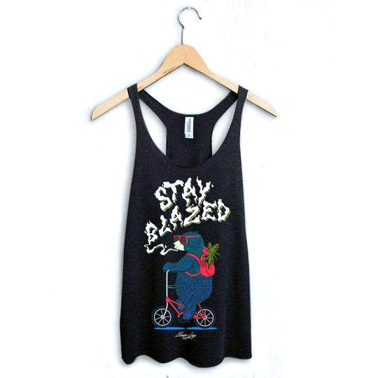 StonerDays Bear On A Bike Racerback tank top in black, front view on hanger