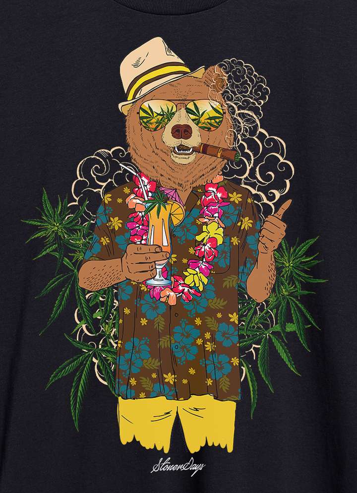 StonerDays Bear On Vacation Hemp Tee front view featuring bear with sunglasses and tropical shirt