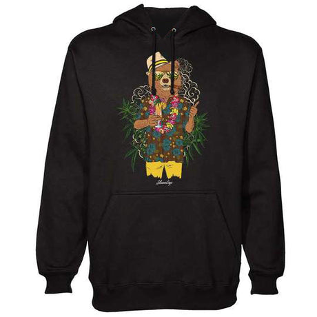 StonerDays Bear On Vacation Hoodie in black, front view, with colorful bear design, available in multiple sizes