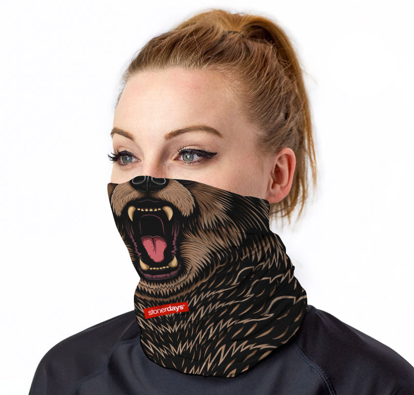 StonerDays Bear Roar Neck Gaiter on model, front view, polyester versatile headwear