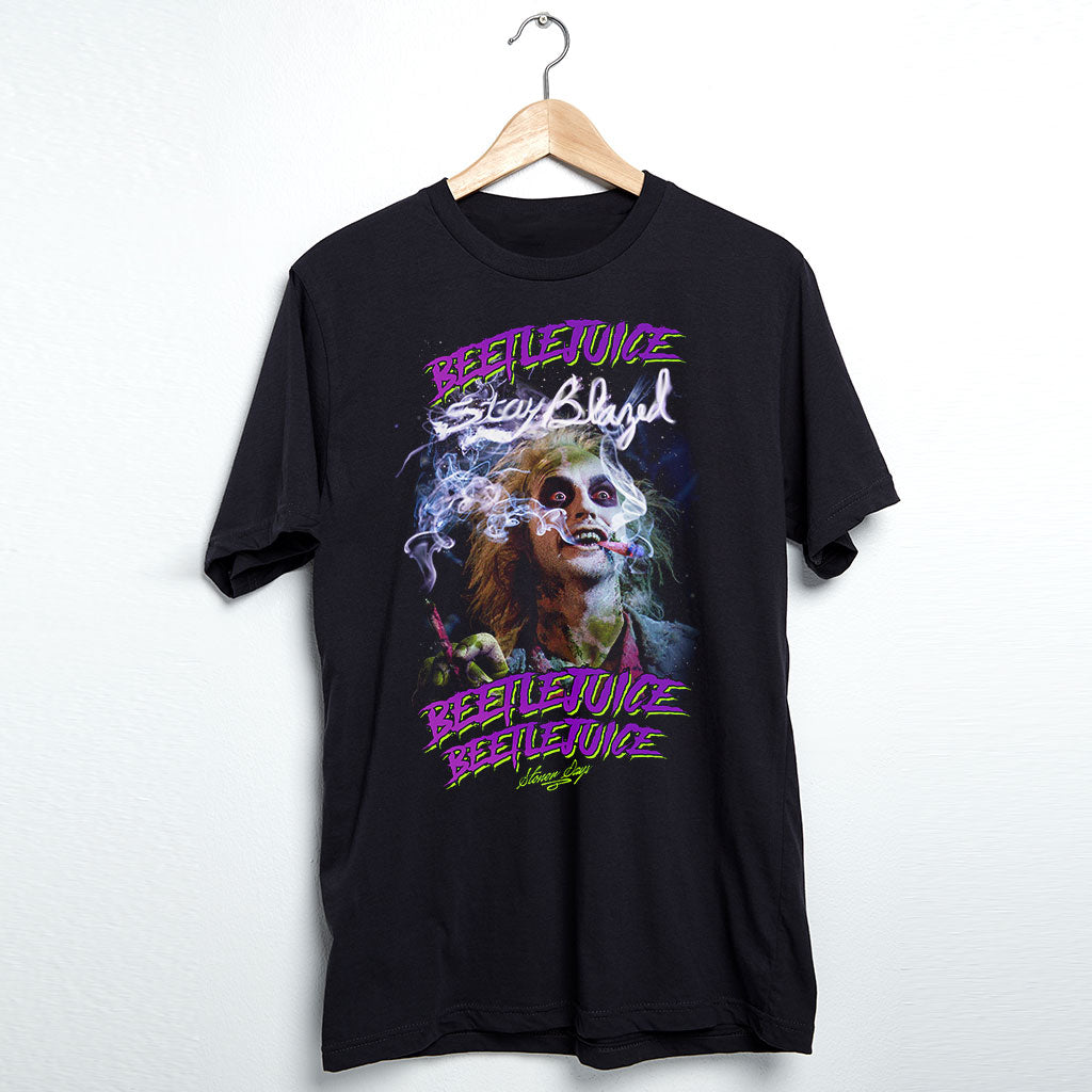 StonerDays Beetlejuice T-shirt in black cotton, front view on hanger, available in multiple sizes
