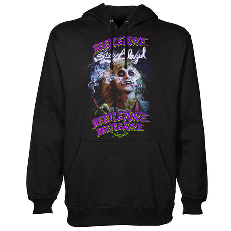 StonerDays Beetlejuice Hoodie in black cotton, front view with vibrant graphic print