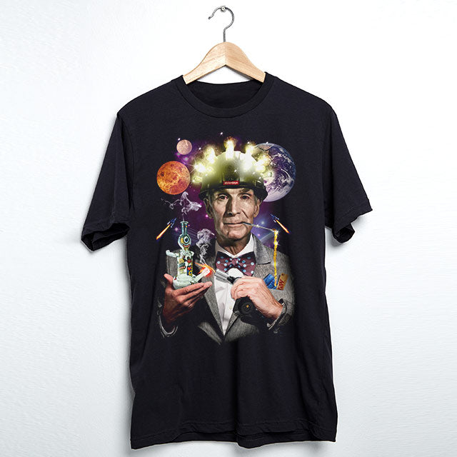 StonerDays Bill Nye The Dabbing Guy Tee in black, front view on hanger with cosmic design