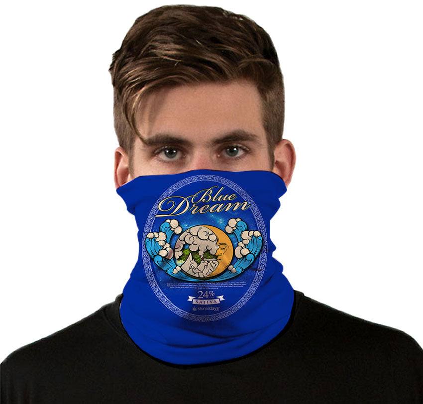 StonerDays Blue Dream Neck Gaiter in vibrant blue with graphic print, front view on model