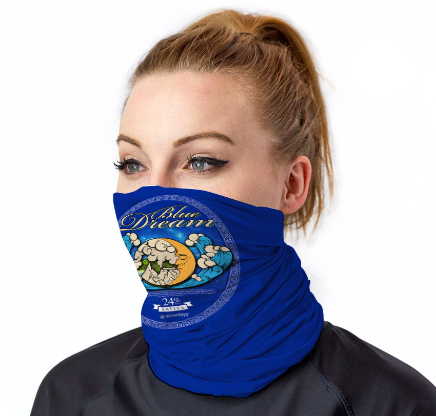 StonerDays Blue Dream Neck Gaiter in vibrant blue with front view on model