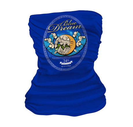 StonerDays Blue Dream Neck Gaiter in vibrant blue with psychedelic print, front view on white background