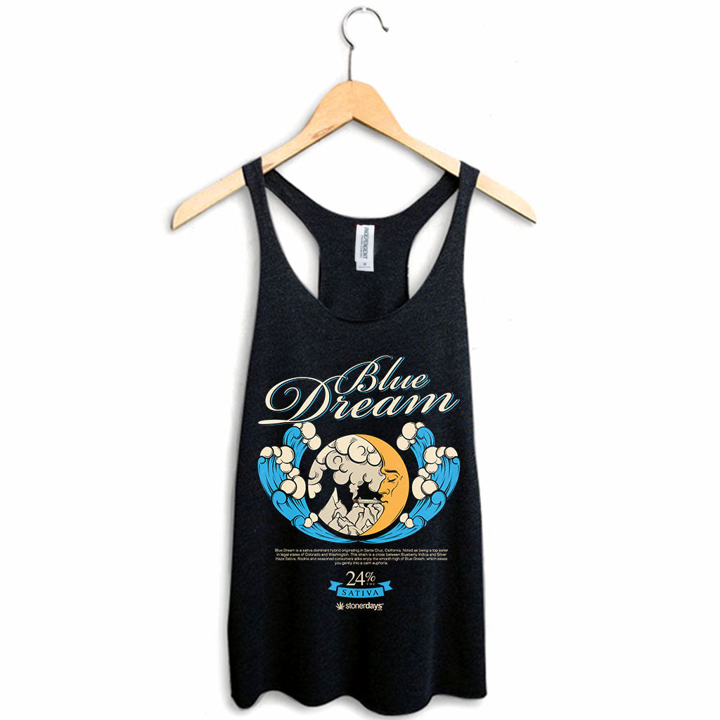StonerDays Blue Dream Racerback tank top in blue, displayed on hanger, front view