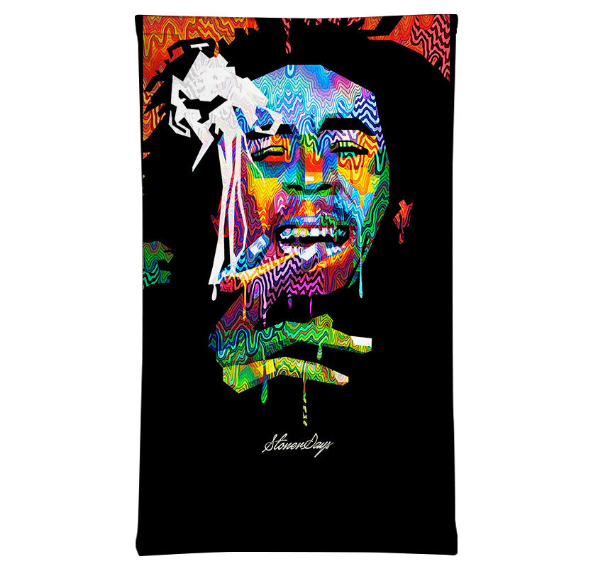 StonerDays Bob Trippy Neck Gaiter with colorful UV reactive design, front view on seamless black background
