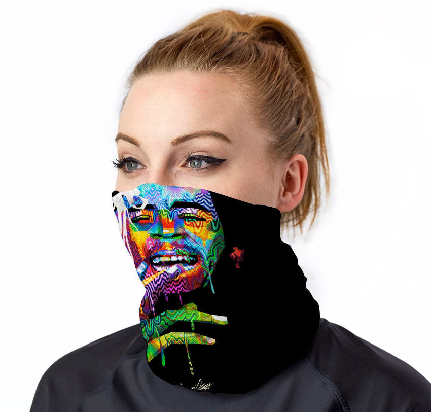 StonerDays Bob Trippy Neck Gaiter with vibrant UV reactive design, worn by model - front view