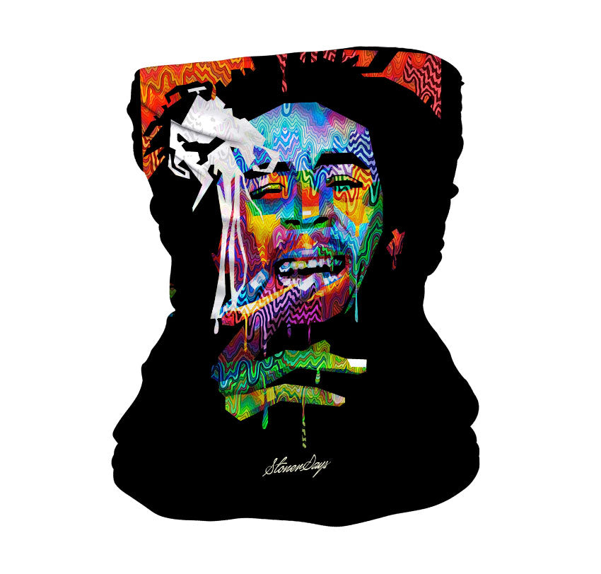 StonerDays Bob Trippy Neck Gaiter featuring vibrant UV reactive print, front view on white background
