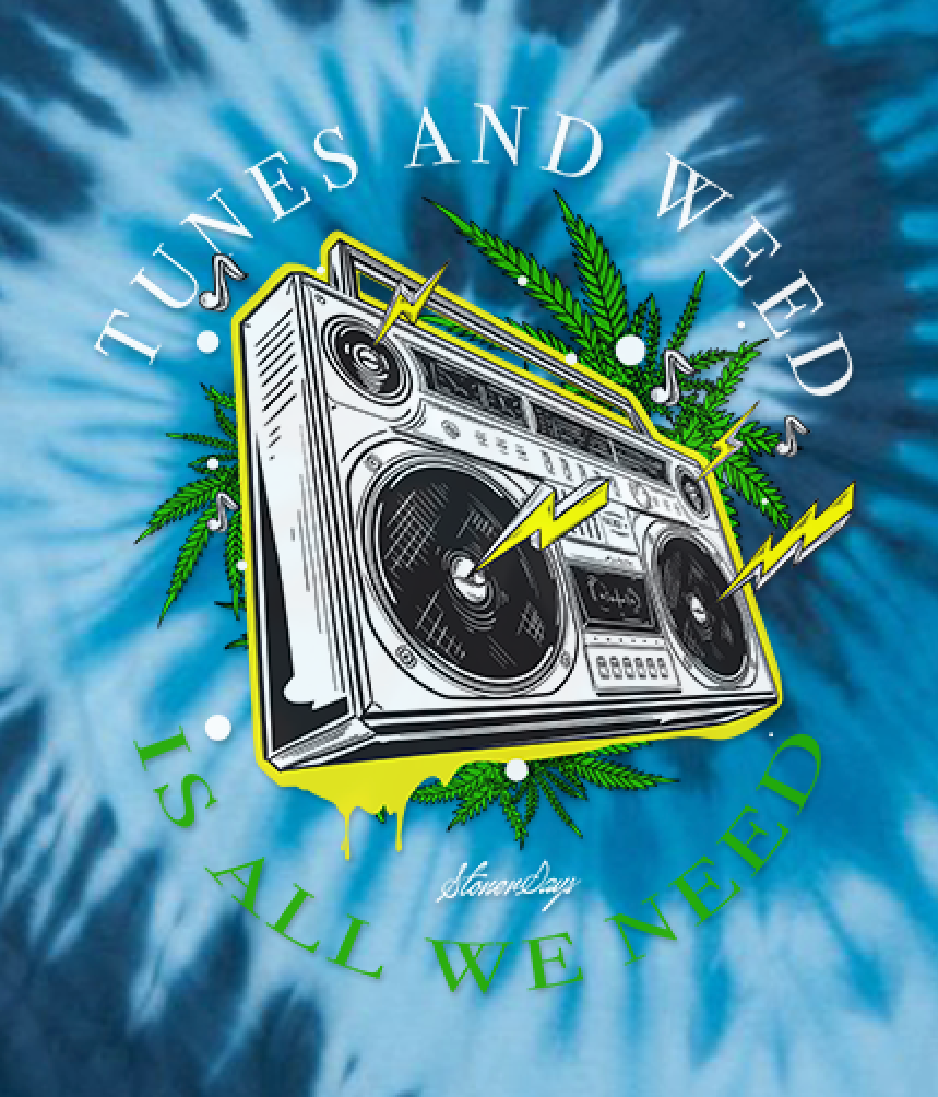 StonerDays Boombox Blue Tie Dye T-Shirt with graphic front view on seamless background