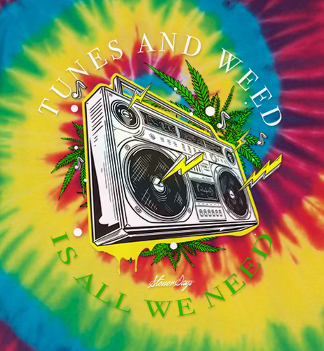 StonerDays Boombox Tie Dye T-Shirt with vibrant blue and yellow colors, front view on white background
