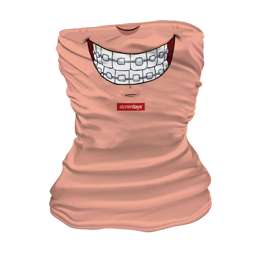 StonerDays Braces Smiley Neck Gaiter in Peach, Front View, Versatile Polyester Apparel