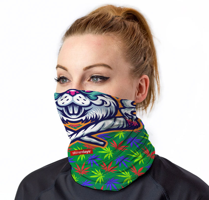 StonerDays Budz Bunny Neck Gaiter featuring vibrant cannabis leaf design, worn by model