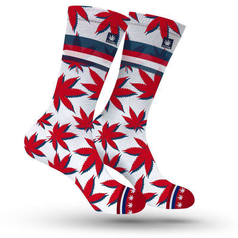 StonerDays Buffalo Marijuana Socks in blue and red with cannabis leaf design, size M/L