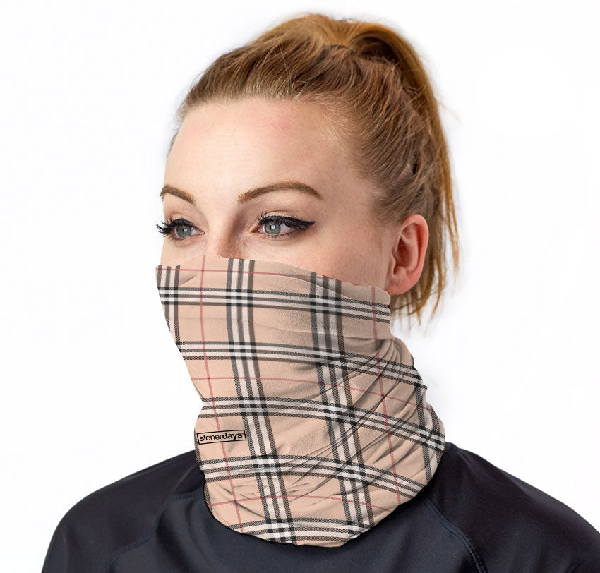 StonerDays Burnberry Gaiter featuring plaid design, worn as face mask, front view on model