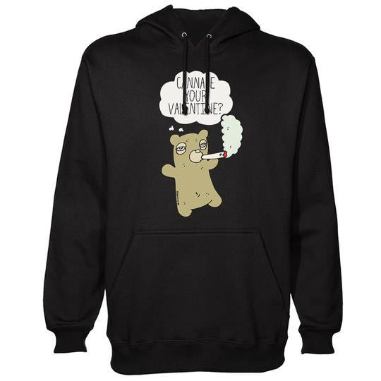 StonerDays black hoodie with "Cannabe Your Valentine" print, front view on white background