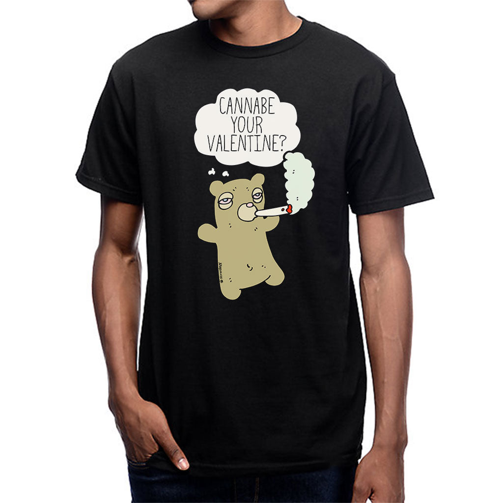 StonerDays black cotton t-shirt with "Cannabe Your Valentine" print, front view on male model
