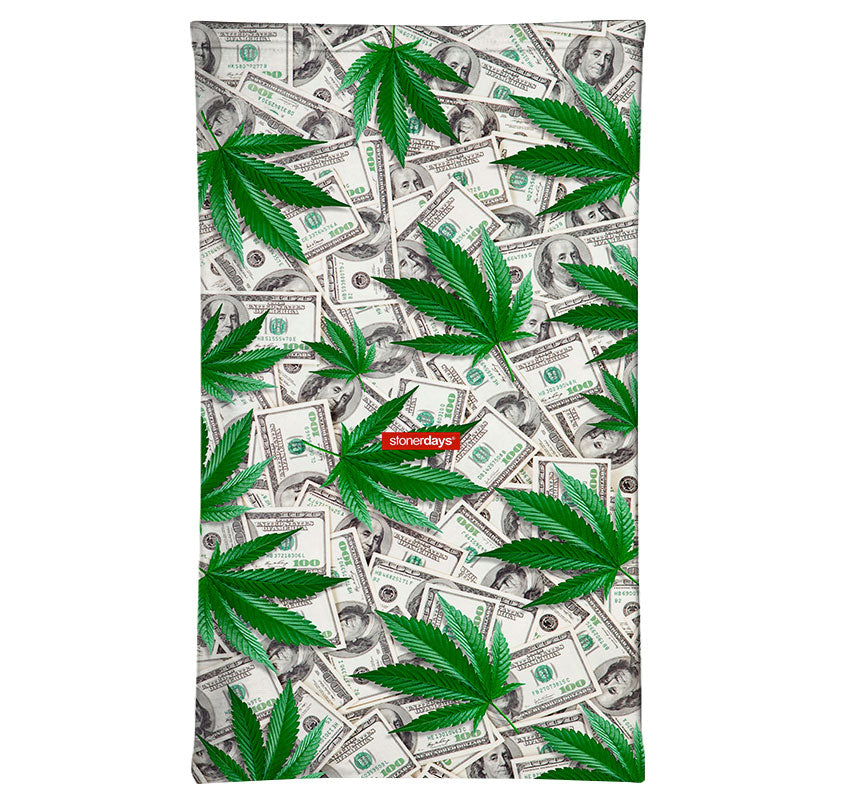StonerDays Cash Money Neck Gaiter featuring cannabis leaves on a money backdrop