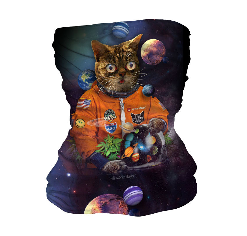StonerDays Catstronaut Neck Gaiter featuring a cosmic cat in an astronaut suit, made of polyester.