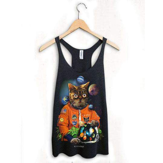 StonerDays Catstronaut Racerback Tank Top, Women's, Sizes S-XL, Front View on Hanger