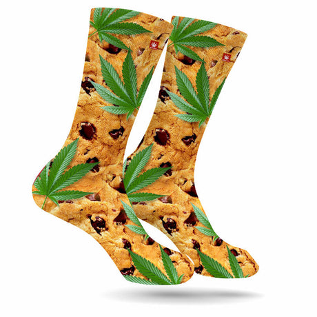 StonerDays Chocolate Chip Weed Socks with cannabis leaf design on a white background, sizes M-L