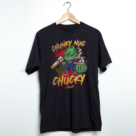 StonerDays men's black t-shirt with Chunky Nug Chucky graphic, front view on hanger