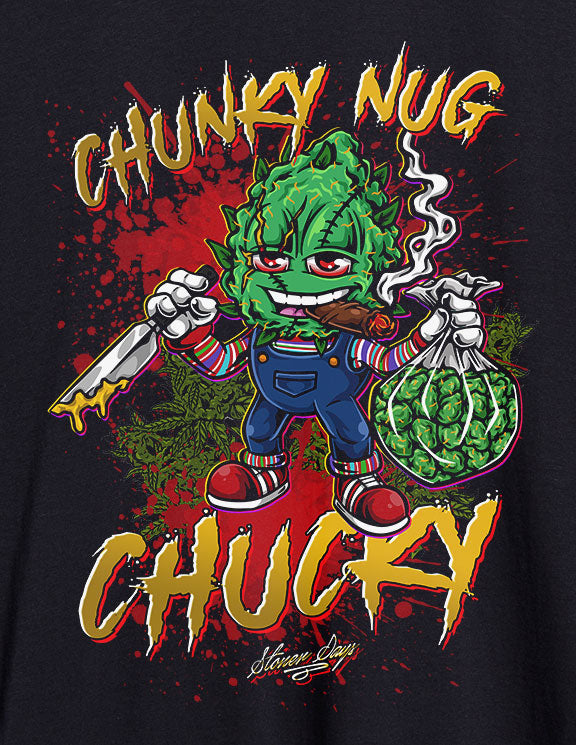 StonerDays men's black t-shirt with Chunky Nug Chucky graphic, front view on seamless background