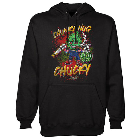 StonerDays Chunky Nug Chucky Hoodie in black, front view on a white background, available in S to XXL