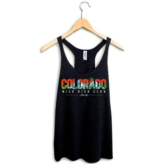 StonerDays Colorado Mile High Racerback Tank Top in Black, Front View on Hanger