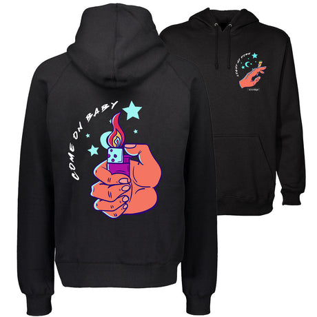 StonerDays Come On Baby Hoodie in black, sizes S-XXXL, front and side view with graphic print