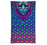 StonerDays Cool Cat Lion Neck Gaiter featuring UV reactive psychedelic lion design on a cannabis leaf background