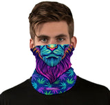 StonerDays Cool Cat Lion Neck Gaiter in vibrant colors, front view on model, one size fits all
