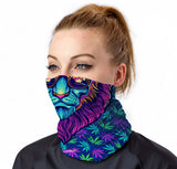 StonerDays Cool Cat Lion Neck Gaiter in vibrant UV reactive colors, front view on model