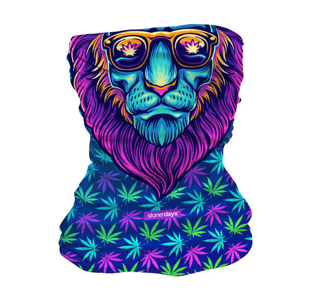 StonerDays Cool Cat Lion Neck Gaiter in UV Reactive Colors, Front View on White Background