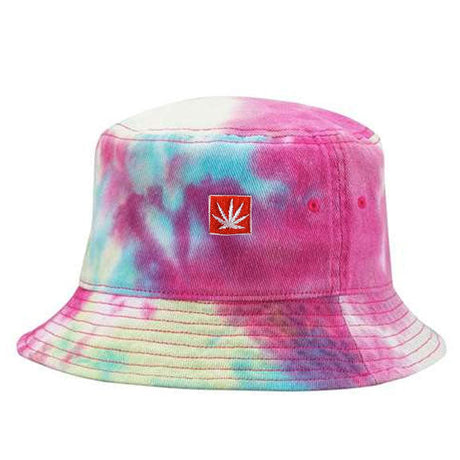 StonerDays Cotton Candy Tie Dye Bucket Hat with leaf logo, vibrant pink and blue hues