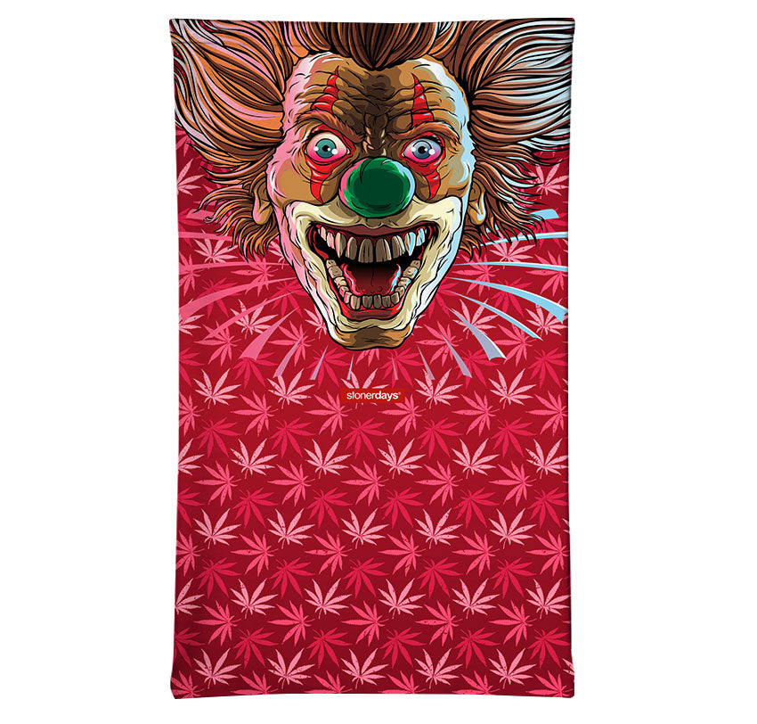 StonerDays Crazy Clown Neck Gaiter featuring vivid clown design on red cannabis leaf background