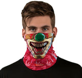 StonerDays Crazy Clown Neck Gaiter featuring a vibrant clown design on red cannabis leaf background