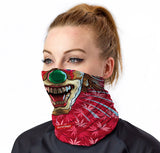 StonerDays Crazy Clown Neck Gaiter with vibrant red cannabis leaf design, front view on model