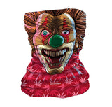 StonerDays Crazy Clown Neck Gaiter featuring vibrant clown design on red cannabis leaf background