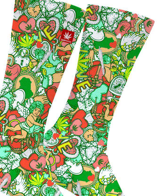StonerDays vibrant green, pink, and red Cupids Kushed Arrow weed pattern socks, one size fits all