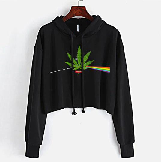 StonerDays Dank Side Of The Moon Women's Crop Top Hoodie in Black, Front View