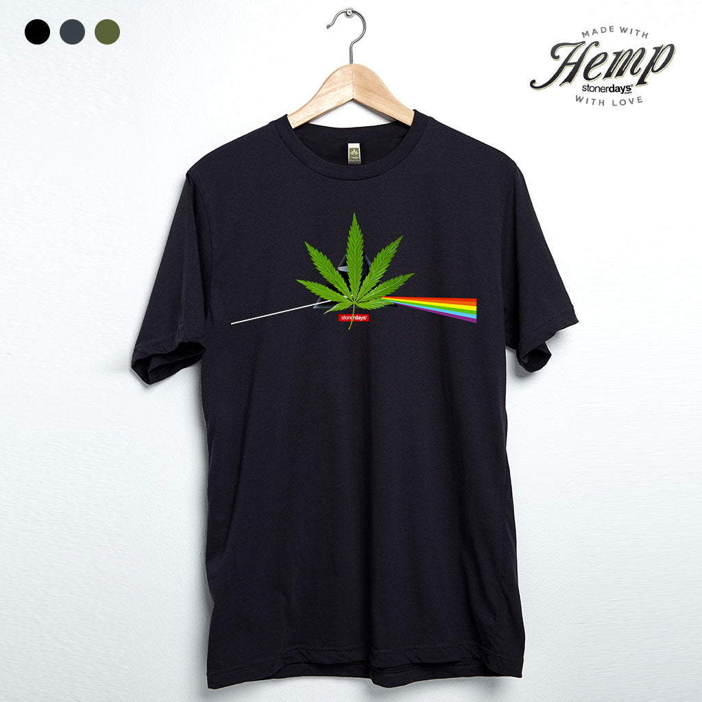 StonerDays Dank Side Of The Moon Hemp Tee in Caviar Black, front view on hanger