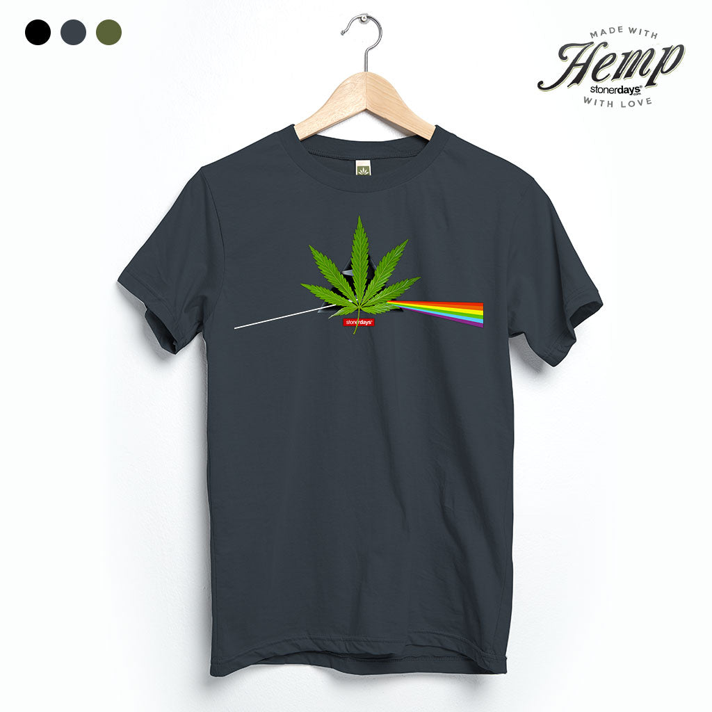 StonerDays Dank Side Of The Moon Hemp Tee in Smoke Grey, front view on hanger