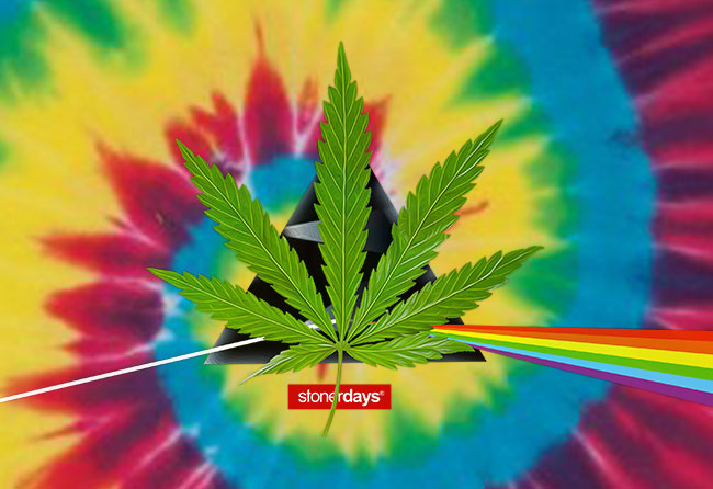 StonerDays men's tie-dye tee with 'Dank Side of the Moon' cannabis leaf design, vibrant colors